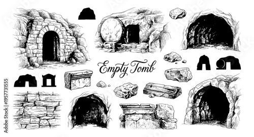 Collection of hand-drawn empty tombs and ancient stone elements