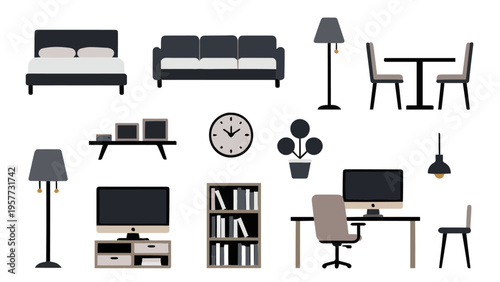 Comprehensive vector furniture set for home including beds sofas desks dining tables chairs lamps and TV stands