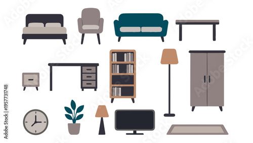 Cozy vector furniture collection featuring teal sofa bed desk bookshelf wardrobe floor lamp and home decor accessories