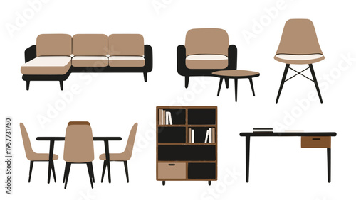 Beige toned modern furniture vector illustrations including sectional sofa armchair dining table chairs bookshelf and computer desk
