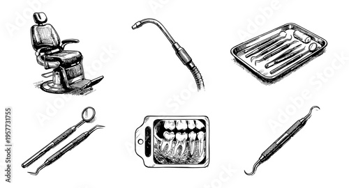 Collection of vintage dental tools and equipment in a hand-drawn sketch style