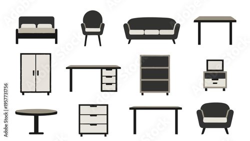 Dark toned furniture vector collection featuring beds sofa armchair coffee table desk bookshelves and storage cabinets