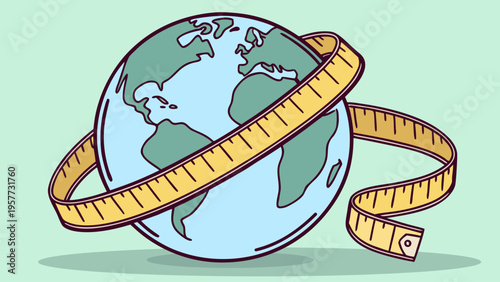 Measuring tape wrapped around globe symbolizing global fitness, weight loss, diet and healthy lifestyle concept in minimalist flat vector style.