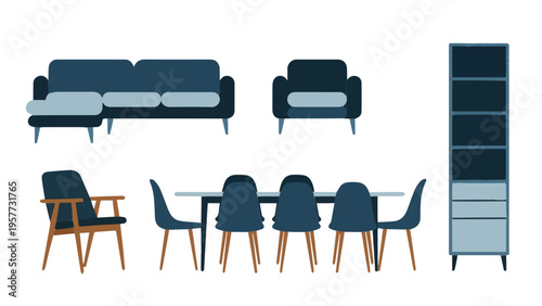 Blue modern furniture vector set with sectional sofas armchairs tall bookshelf and blue dining table with matching chairs