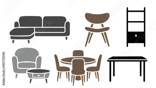 Gray modern furniture vector illustrations with sectional sofa dining set chairs armchairs coffee table and tall bookshelf
