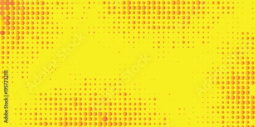 Yellow orange halftone pattern. Retro comic gradient background. Square pixilated dot cartoon texture. Pop art faded gradient pattern.