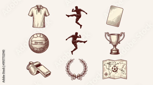 A collection of sport-themed elements: trophy players ball whistle and shirt