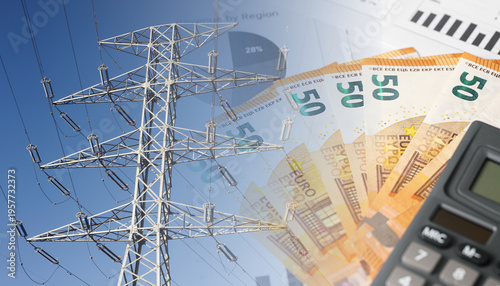 Obraz na plátně Electricity pylon with calculator and euro bills symbolizing rising energy costs