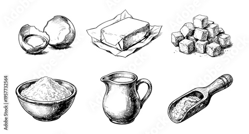 Collection of hand-drawn baking ingredients including eggs, butter, sugar, flour, and milk