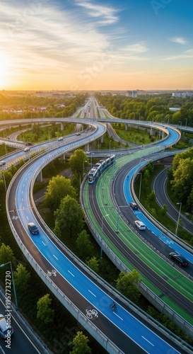 Expansive Aerial View Of A Modern Highway Interchange During Golden Hour Sunset