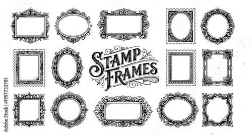 Collection of ornate vintage stamp and picture frames in black and white