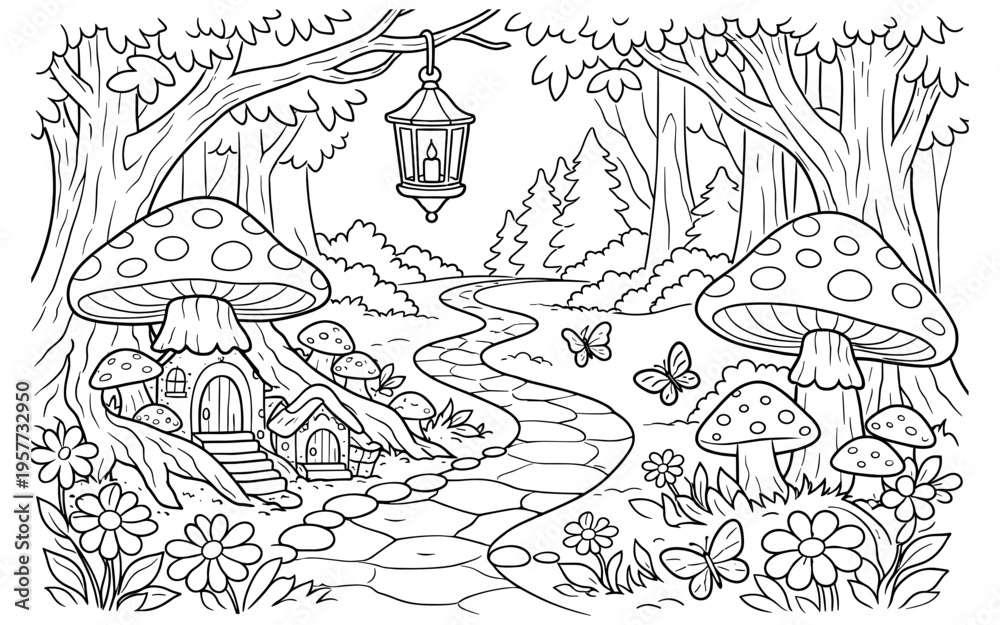 Fototapeta premium Enchanting forest path leads to whimsical mushroom homes with butterflies and flowers