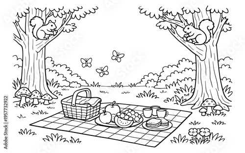 Charming woodland picnic scene with squirrels and butterflies for coloring fun