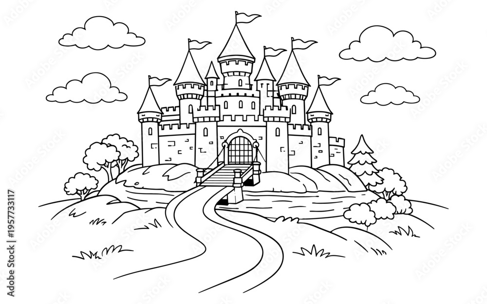 Obraz premium Whimsical fairytale castle illustration with flags and clouds, perfect for coloring