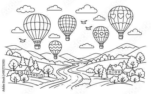 Whimsical hot air balloons float over a charming village and winding river