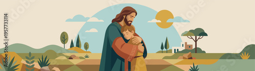 Jesus Christ embracing a child with profound love and compassion amidst a serene landscape, a modern flat vector illustration symbolizing Christian faith, divine care, and spiritual guidance.