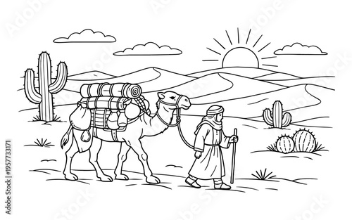 A lone traveler guides a laden camel across a vast desert landscape at sunrise