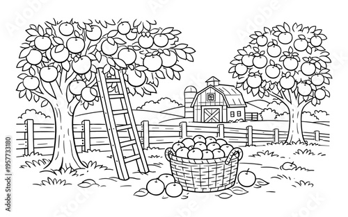 Farm scene with apple trees, a barn, and a basket full of ripe apples