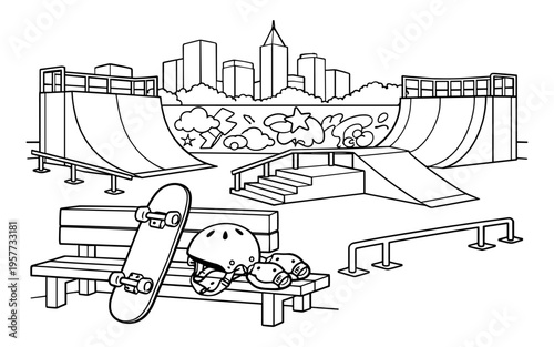 Skatepark scene with ramps, rails, skateboard, and safety gear against city skyline