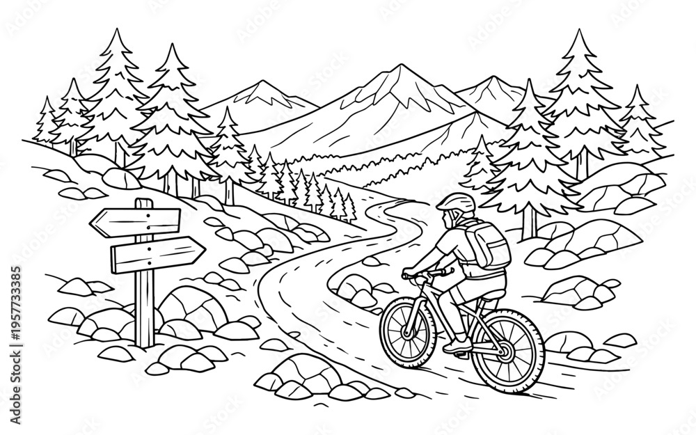 Fototapeta premium Mountain biker navigates a winding trail through a scenic forest with majestic peaks in the background