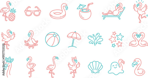Adorable line art icons featuring various playful flamingos and essential summer vacation accessories