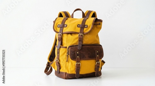 A bright yellow backpack with brown leather accents and multiple buckles stands against a white background