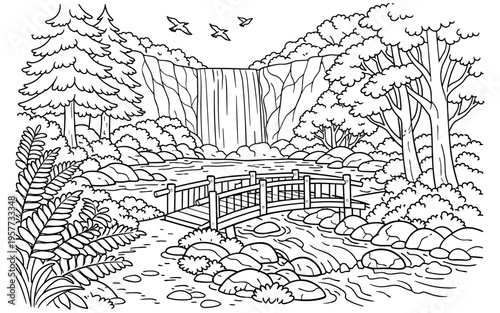 Serene forest scene with a wooden bridge crossing a stream near a waterfall