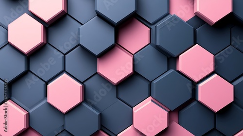 Modern minimalist geometric pattern featuring pink and dark blue hexagonal shapes arranged in a visually appealing abstract design