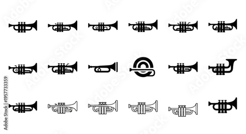 Collection of Trumpet Icons, Musical Instruments, Brass Wind Symbols, Vector Graphics