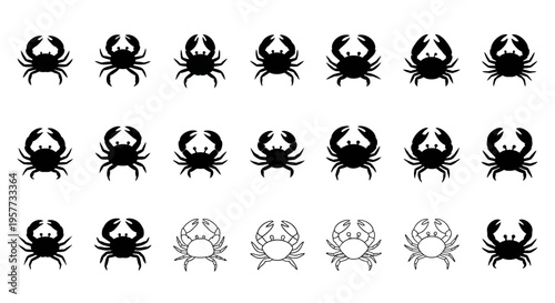 Crab Icons Set: Silhouette and Outline Vector Illustrations