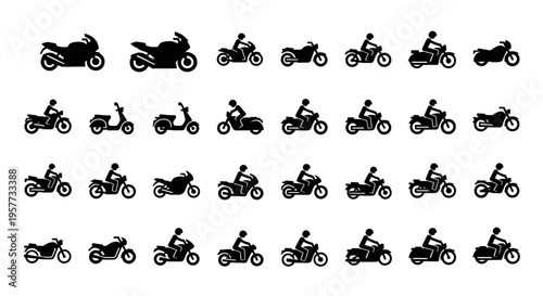 Motorcycle Silhouettes: Diverse Collection of Bike and Rider Icons