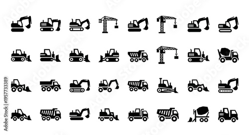 Construction Equipment Icons: Excavators, Cranes, Trucks, Loaders, Concrete Mixers