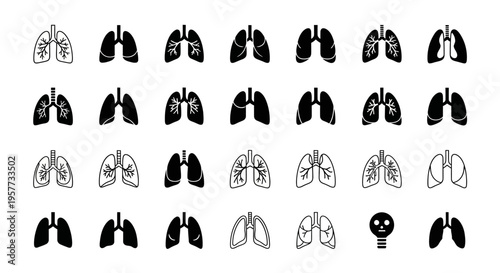 Human Lungs Icons Set: Silhouette and Outline Variations for Medical and Health Concepts