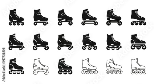Collection of Roller Skates Icons: Inline Skates, Rollerblades, and Quad Skates in Black and White