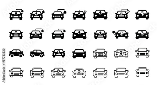 Electric Car Icons Set: Modern Vehicles, Charging, Future Transport