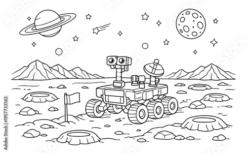 Cartoon rover exploring a rocky alien planet with mountains and celestial bodies