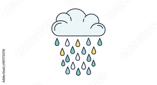 Modern weather icon of a rain cloud with colorful raindrops on a clean white background for design and decoration