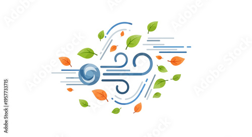 A modern weather icon illustration featuring a stylized wind symbol surrounded by leaves and rain, conveying a meteorological day concept with a mix of blue, green, and orange colors