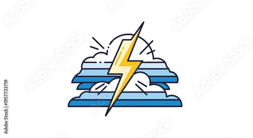 A modern weather icon featuring a lightning bolt striking through clouds with a rainbow, sun, and moon, symbolizing meteorology and climate on World Meteorological Day