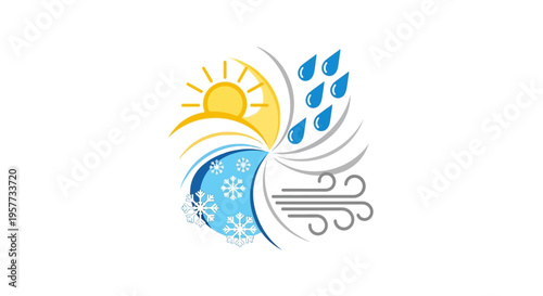 A modern weather icon illustration featuring sun, cloud, rain, snow, and wind elements in a circular design with a blue, white, and yellow color scheme for business or educational use