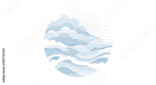 A modern weather icon illustration featuring a stylized cloud, sun, and rainbow design on a white background, conveying a meteorological concept