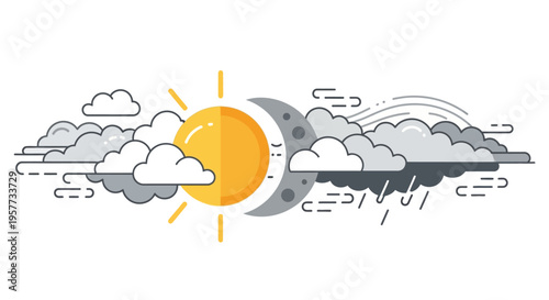 A modern weather icon illustration featuring sun, moon, clouds, rainbow, and various weather conditions for World Meteorological Day and meteorology education