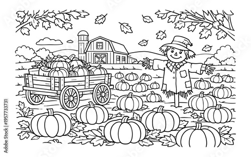Whimsical scarecrow and overflowing wagon of pumpkins on a farm during autumn