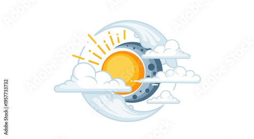 Modern weather icon illustration featuring sun, clouds, and moon for World Meteorological Day, symbolizing meteorology and climate education with a colorful design