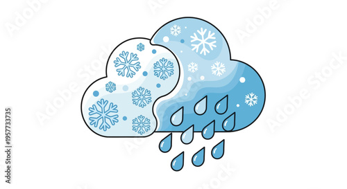 A modern weather icon illustration featuring a cloud with snowflakes and raindrops on a white background, representing meteorology and climate