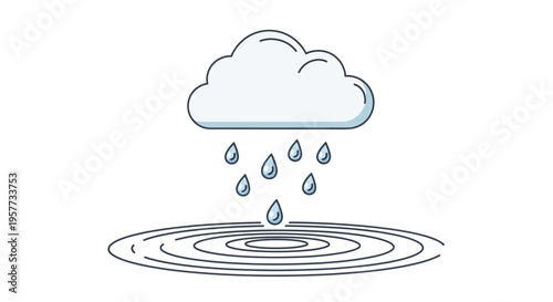 Modern weather icon of a rain cloud with raindrops creating ripples in a puddle on a clean white background for design and decoration