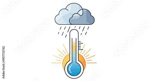 A modern weather icon illustration featuring a thermometer with a rain cloud and sun, symbolizing meteorology and climate on World Meteorological Day