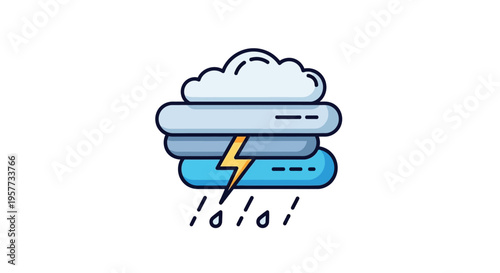 A modern weather icon illustration featuring a cloud, lightning, and rain on a white background, symbolizing meteorology and climate