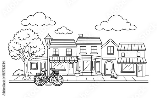 Charming cartoon street scene with houses, a bicycle, and a cat on a sunny day
