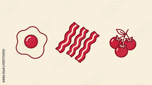 Monoline breakfast illustration featuring a fried egg, bacon strips, and cherries in red line art on a beige background